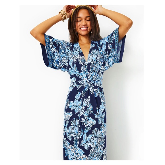 LILLY PULITZER WISTERIA ELBOW SLEEVE LOW TIDE NAVY BOUQUET ALL DAY ENGIN DRESS 2 - Picture 4 of 6